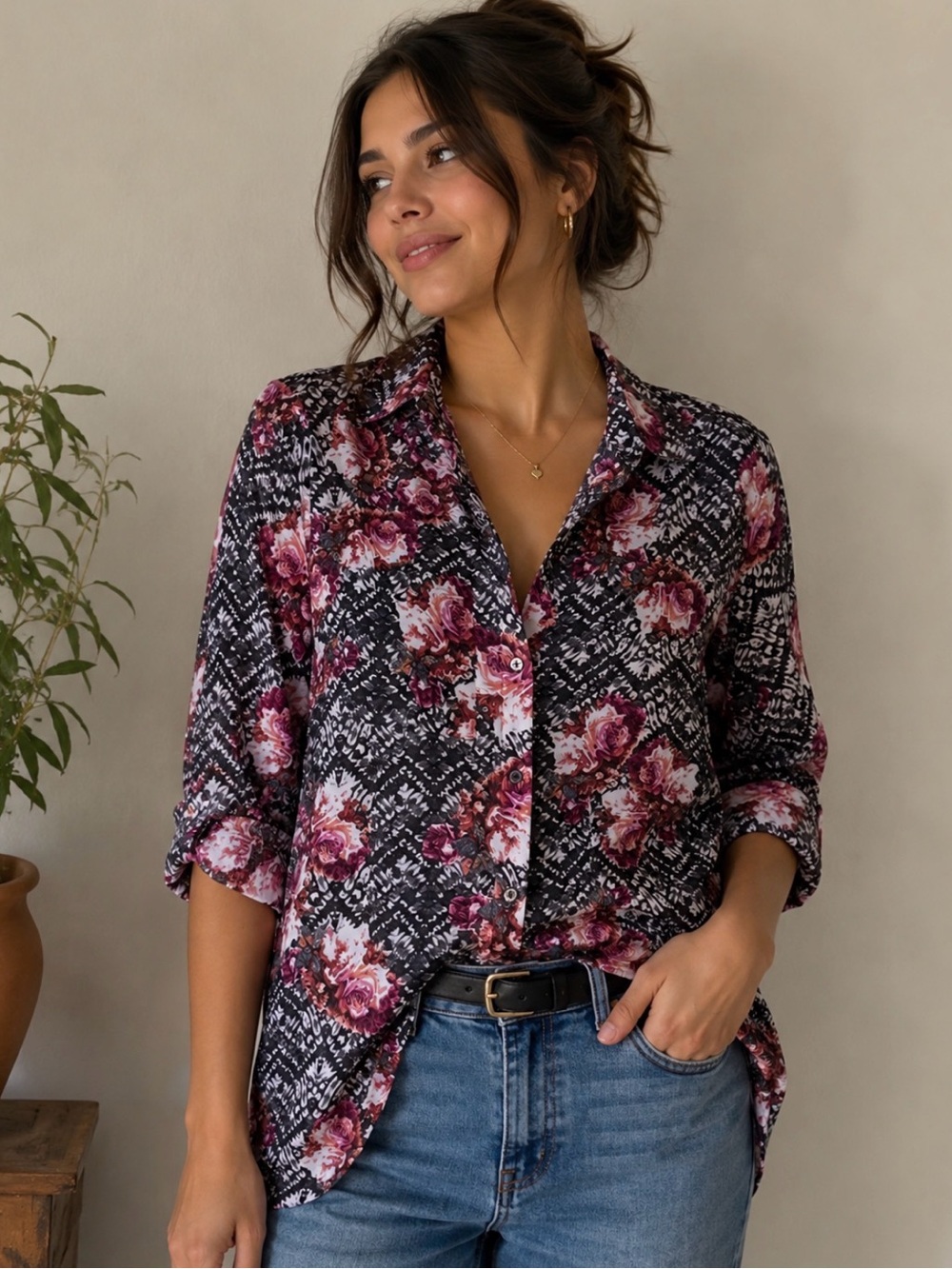 Vincente Milan New York Paris See through Blouse Long Sleeve Floral Button-Dow M